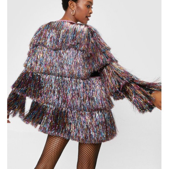 NWT Nasty Gal Metallic Tiered Tinsel Fringe Open Front Jacket - Picture 6 of 11